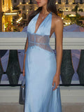 Luxurious Dinner Blue Halter Maxi Dress for Women Deep V Neck Spliced Sheer Lace Trim for Romantic Anniversaries