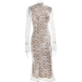 Elegant White Lace Midi Dress Women's Turtleneck Long Sleeve Ruched Bodycon Dresses Evening Party Cocktail Female Winter Autumn