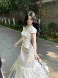 Chinese Traditional Dress Slim Tassel Splicing Jacquard Waist Cinched Cheongsam Qipao Summer Fairy Beautiful Women's Clothing