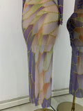 Sexy Colorful Printed Party Dress For Women Long Sleeve Mesh Rhinestones Evening Birthday Celebrity Gala Gown