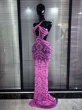 Pink Color Women Sexy Halter Backless Mesh See Through Bodycon Floor-length Mermaid Dress Birthday Party Cocktail Outfit