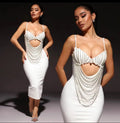 Gorgeous Pearl Glam Hollow Suspender Dress Elegant Temperament Bandage Evening Dress Performance Wear Cocktail Party Formal Gown