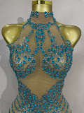 Sparkly Rhinestones Sexy Mesh See Through Mini Dress Party Evening Prom Celebrate Birthday Dress Singer Dancer Show Stage Wear