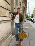 Green Napoleon Short Jeans Jacket Women's Chic Stand Collar Long Sleeve Zipper Crop Coat 2026 Lady Fall New Daily Street Outwear