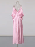 Elegant Backless Evening Dress for Women V Neck Sleeveless High Waist Patchwork Folds Loose Maxi Dresses Female New