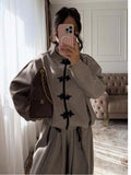 Women 2026 Spring Chinese Style Two Piece Outfit Mandarin Collar Frog Button Oversized Top High Waist Wide Leg Pants Set