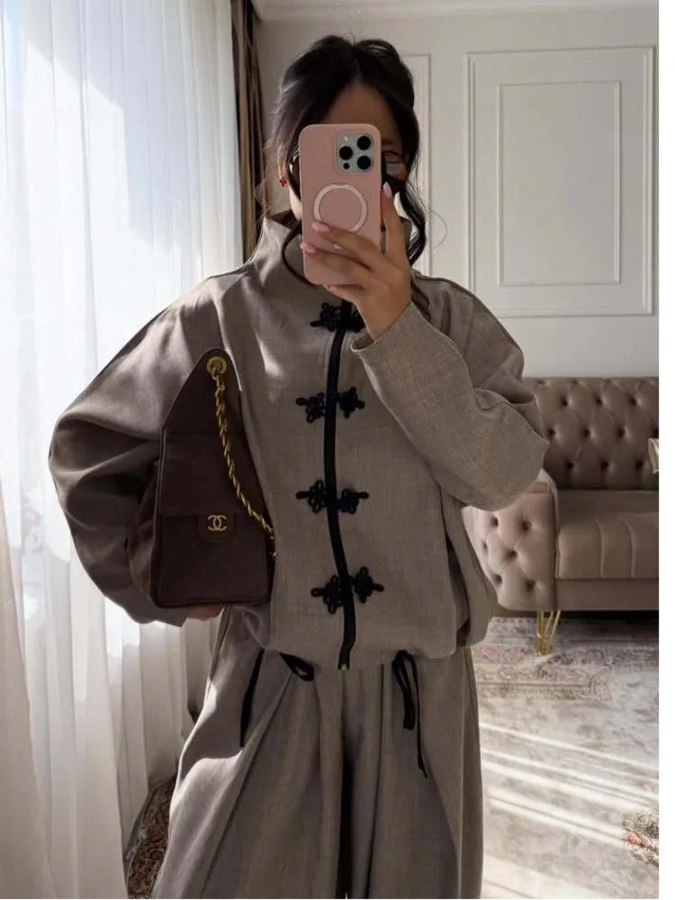 Women 2026 Spring Chinese Style Two Piece Outfit Mandarin Collar Frog Button Oversized Top High Waist Wide Leg Pants Set