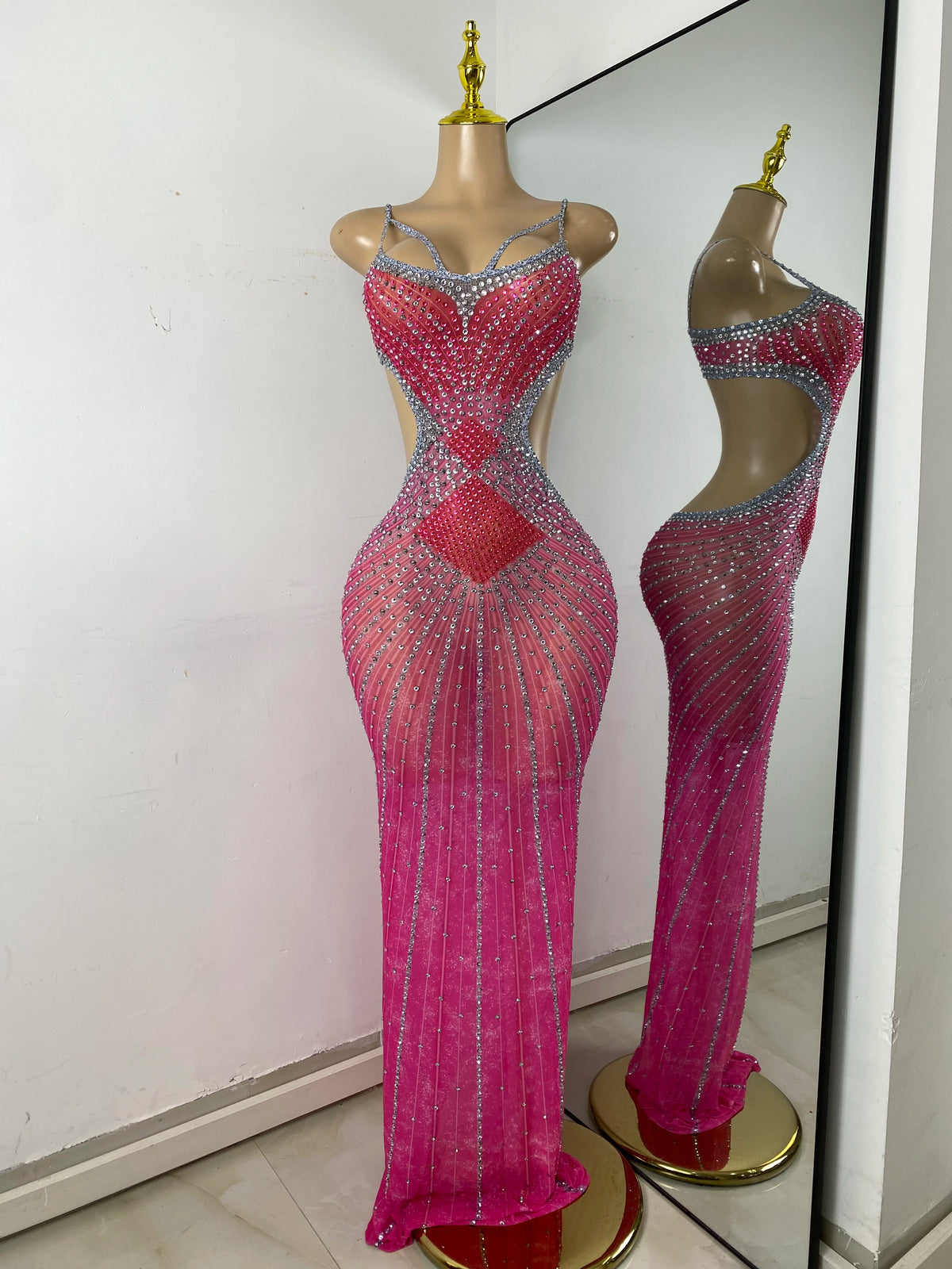 Sparkly Rhinestones Women Sexy Hollow Out High Split Elegant Bodycon Long Outfit Birthday Dress Stage Wear Performance Costume