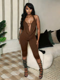 Sexy Swing Collar 2 Piece Set Women New Trend Hollow Halter Bandage Sleeveless Tank Top+Mid-Length Shorts Streetwear