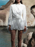 White Loose Spliced Folds Chic Dresses for Women O Neck Long Sleeve Beach Vacation Dress Female Summer Fashion New