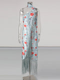 Bohemian Printed Asymmetrical Dress for Women Diagonal Collar Sleeveless High Waist Spliced Tassel Dresses Female