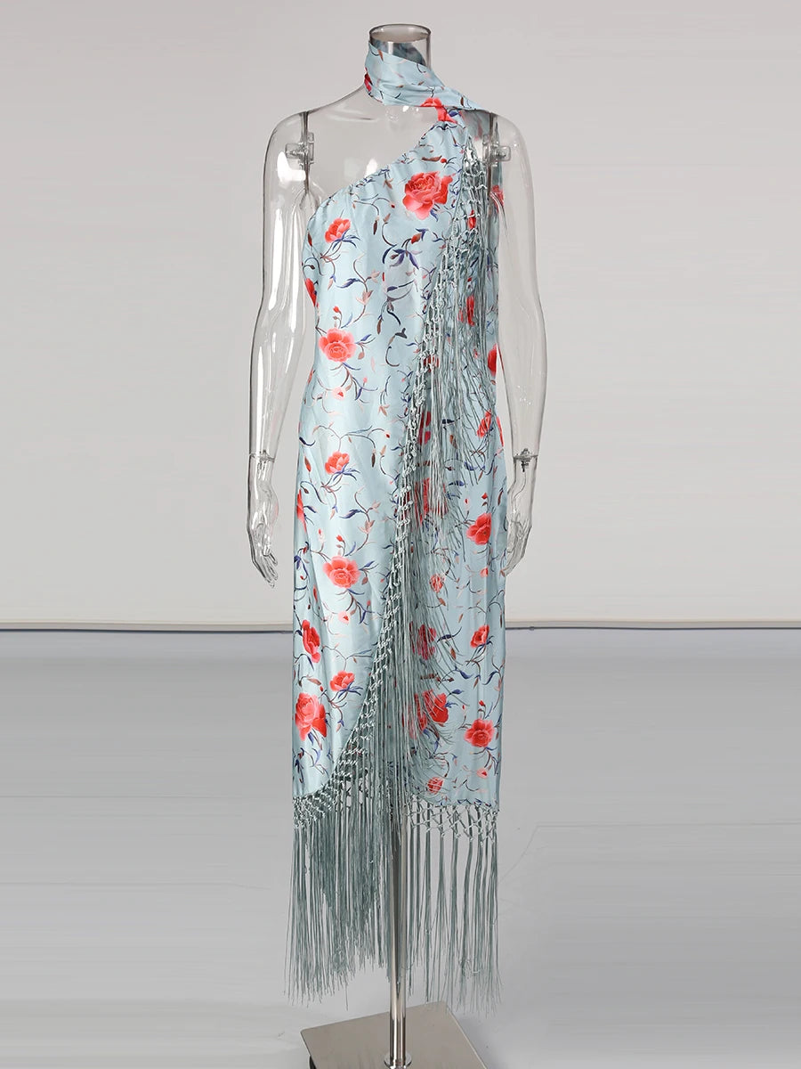 Bohemian Printed Asymmetrical Dress for Women Diagonal Collar Sleeveless High Waist Spliced Tassel Dresses Female