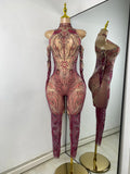 Sparkly Crystals Women Sexy with Sleeves Stretch Mesh See Through Jumpsuit Nightclub Stage Wear Performance Dance Costume