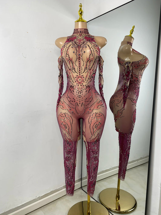 Sparkly Crystals Women Sexy with Sleeves Stretch Mesh See Through Jumpsuit Nightclub Stage Wear Performance Dance Costume