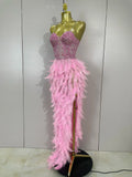 Women Sexy Elegant Evening Party Luxury Birthday Photo Shoot Performance Costume Sparkly Rhinestone Feather Mesh Long Dress
