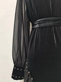Elegant Patchwork Beading Formal Party Dresses for Women O Neck Long Sleeve Spliced Sheer Mesh Midi Dress Female Clothing