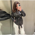 Women's Chic Lapel Oversized PU Leather Jacket Casual Full Sleeve Drop Shoulder Belted Coat Lady 2026 Spring Chic Streetwear