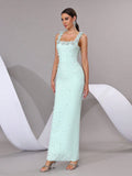 Women'S Luxury Pearl Bead Tight Bandage Long Dress Sexy Square Neck Sleeveless Elegant Evening Wedding Banquet Party Gown