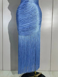 Women Elegant Evening Party Cocktail Club Prom Gowns Birthday Dress Sexy One Shoulder Tassels Sky Blue Bodycon Bandage Dress