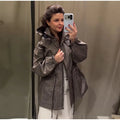 Women Leopard Print 2‑Piece Puffer Outfit Hooded Zip‑Up Padded Jacket + Wide Leg Pants Set Khaki Warm Winter Matching Tracksuit
