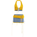 Tassel Color Blocking Knit Bandage Bow 2-Piece Set Women Halter Backless v-Neck Vest+Hollow Skirt Sexy Fashion Suit
