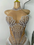 Sparkly Rhinestones Pearls Women Sexy Sleeveless High Split Mesh See Through Birthday Dress Nightclub Party Performance Costume