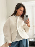 Temperament Solid Woolen Coat for Women V Neck Horn Sleeves Fashionable Designer Jackets Female Autumn New Style