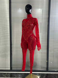 Singer Show Leotard Gogo Drag Queen Outfit Women Sexy Red Rhinestone Jumpsuit Stage Performance Costume Bar Club Birthday Party
