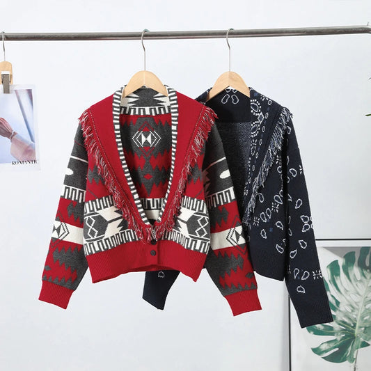 Printed Women Outerwear Tassel V Neck Knit Cardigan Cropped Knit Sweater Loose Drop Shoulder Cut Daily Fashion Wear 2026 Autumn