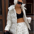 Women Floral Print Hooded Puffer Snow Suit Two Piece Outfit Thick Warm Winter Windproof Ski Jacket Wide Leg Pants Set Outdoor