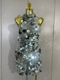 Sexy Shiny Round Sequins Halter Backless Mesh Mini Dress Women Celebrate Eveing Party Club Luxury Birthday Nightclub Stage Wear