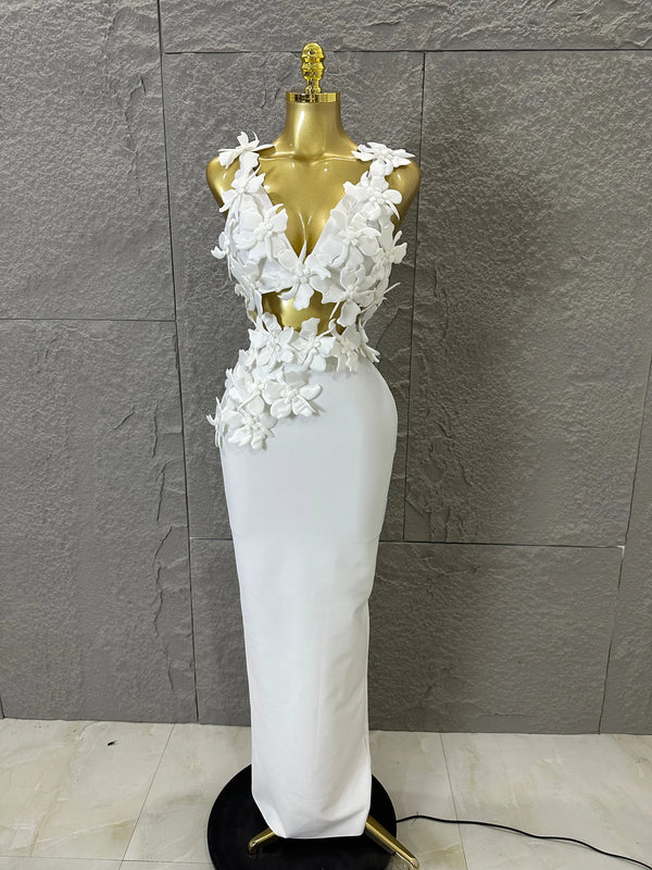 2026 Glamorous White 3D Floral Maxi Dress Women Sexy V-Neck Sheer Cutout Waist Bodycon Outfit Evening Gala Party Costume