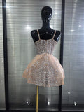 Luxury Women Sexy Strap Shining Rhinestones A-Line Mini Mesh Dress Cute Showgirl Performance Costumes TV Show Stage Wear