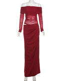 Patchwork Dress Women Mesh Elegant Sexy 2025 Spring Slash Neck Ruched Chic Birthday Party Festival Vacation Vestidos