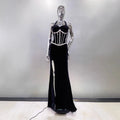 Women's Fashion Gloves Shiny Rhinestone Neck Waist Black Velvet Dress Celebrity Dinner Red Carpet Party Evening Performance Gown