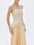 Elegant Two Piece Sets For Women Solid Splicing Embroidered Flower Strapless Top+Pleated Long Skirt Set Female New