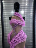 Purple Color Women Sleeveless Sexy Ruffles Mesh See Through Bodycon Long Dress Red Carpet Celebrate Show Girls' Performance Wear