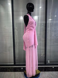 Pink Color Women Sexy Halter Off the Shoulder Draped Bodycon Long Maxi Dress Birthday Party Summer Vacation Celebrate Clothing