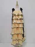 Hit Color Ruffles Cake Maxi Dress for Women Square Collar Off The Shoulder Spliced Bow Evening Temperament Dresses Female