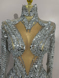 Sparkly Rhinestones Sexy Mesh Transparent Mini Dress Eveing Birthday Party Dance Nightclub Fashion Show Stage Costumes