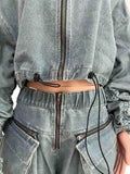 Denim Women's Set Ruched Long Sleeve Jacket and Pocket Front Loose Jeans Pants Two 2 Piece Sets Outfits Tracksuit