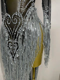 Women Evening Birthday Party Nightclub Dance Singer Stage Outfit Sexy Sparkly Rhinestone Sequins Tassel Mesh Transparent Dress