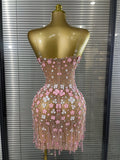 Shining Rhinestones Women Sexy Strapless Mesh See Through Florals Bodycon Mini Dress Performance Costumes Celebrate Stage Wear