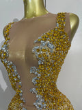 Sexy Sparkly Rhinestone Sleeveless Mesh See Through Mini Dress Luxury Birthday Dress Celebrate Party Club PhotoShoot Stage Wear