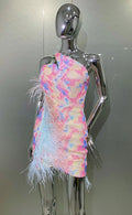 Women's Gorgeous Feather Gradient Sequin One-shoulder Ultra-short Dress Fashion Hot Party Evening Performance Gown Show Costumes