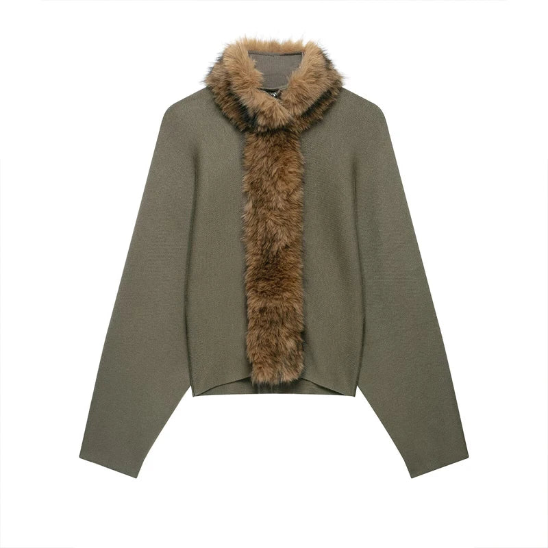 Women Olive Green Fur Collar Oversized Long Sleeve Fuzzy Trim Open Front Knit Cardigan Sweater Fall 2026 Casual Trendy New Wears