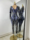 Women Sexy Spandex Tight Jumpsuit Long Sleeve Mirrors Cosplay Costume Nightclub Dancer Outfit Performance Stage Wear