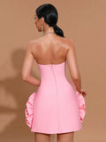 2026 Ladies 3D Flowers Strapless Tight Backless Design Celebrity Club Party Red Sleeveless Sexy Mini Bandage Dress