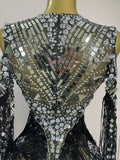 Luxury Birthday Sparkly Diamonds Sequin Tassels Long Sleeves Sheer Mini Dress Evening Party Sexy Mesh Nightclub Photo Shoot Wear