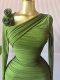 Women Long Sleeve Floral Applique Skew Collar Stacked Ruched Bodycon Midi Dress Vacation Holiday Party Birthday Dresses